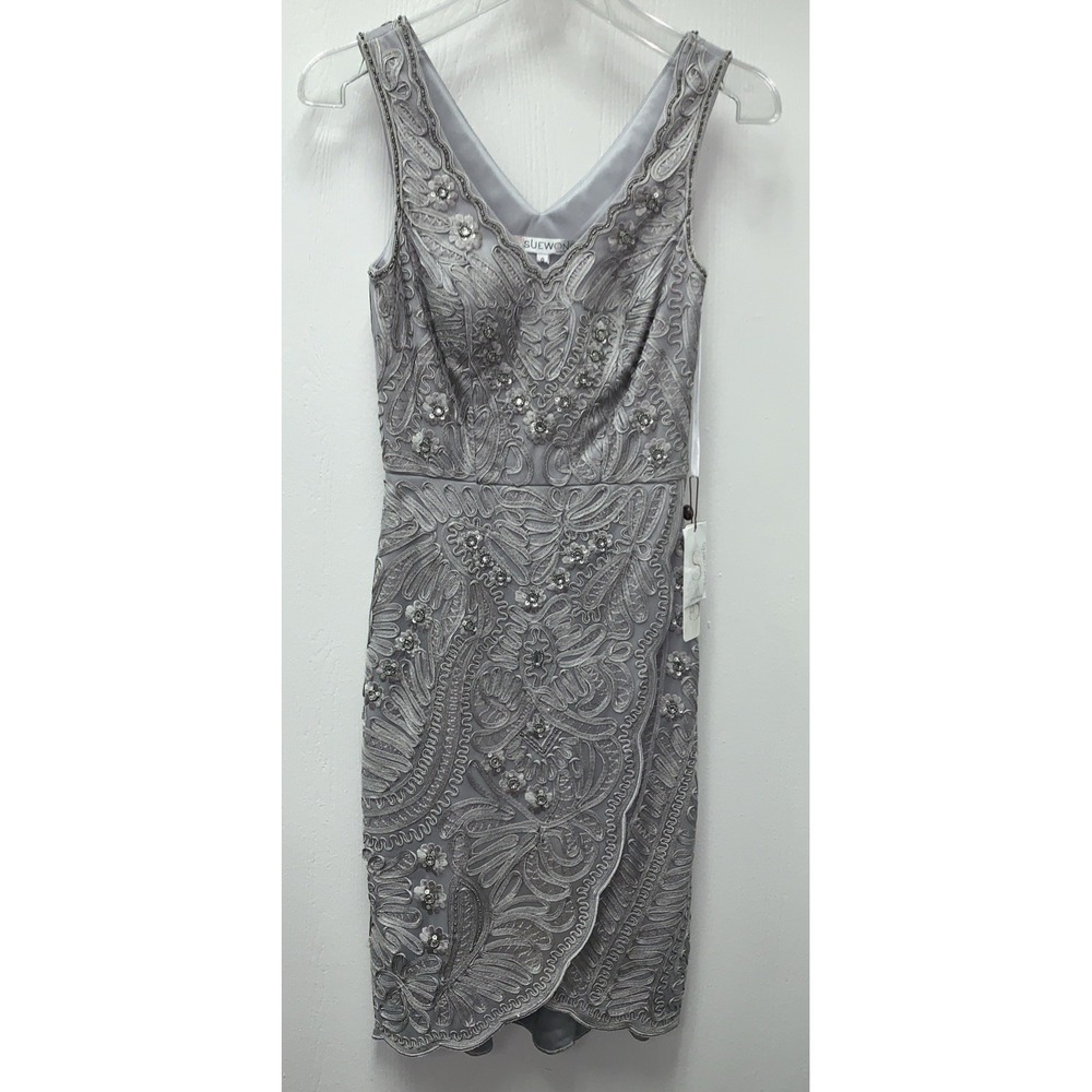 Sue Wong Nocturne 0 Platinum Silky Sequin Beads Gatsby Embellished Dress New